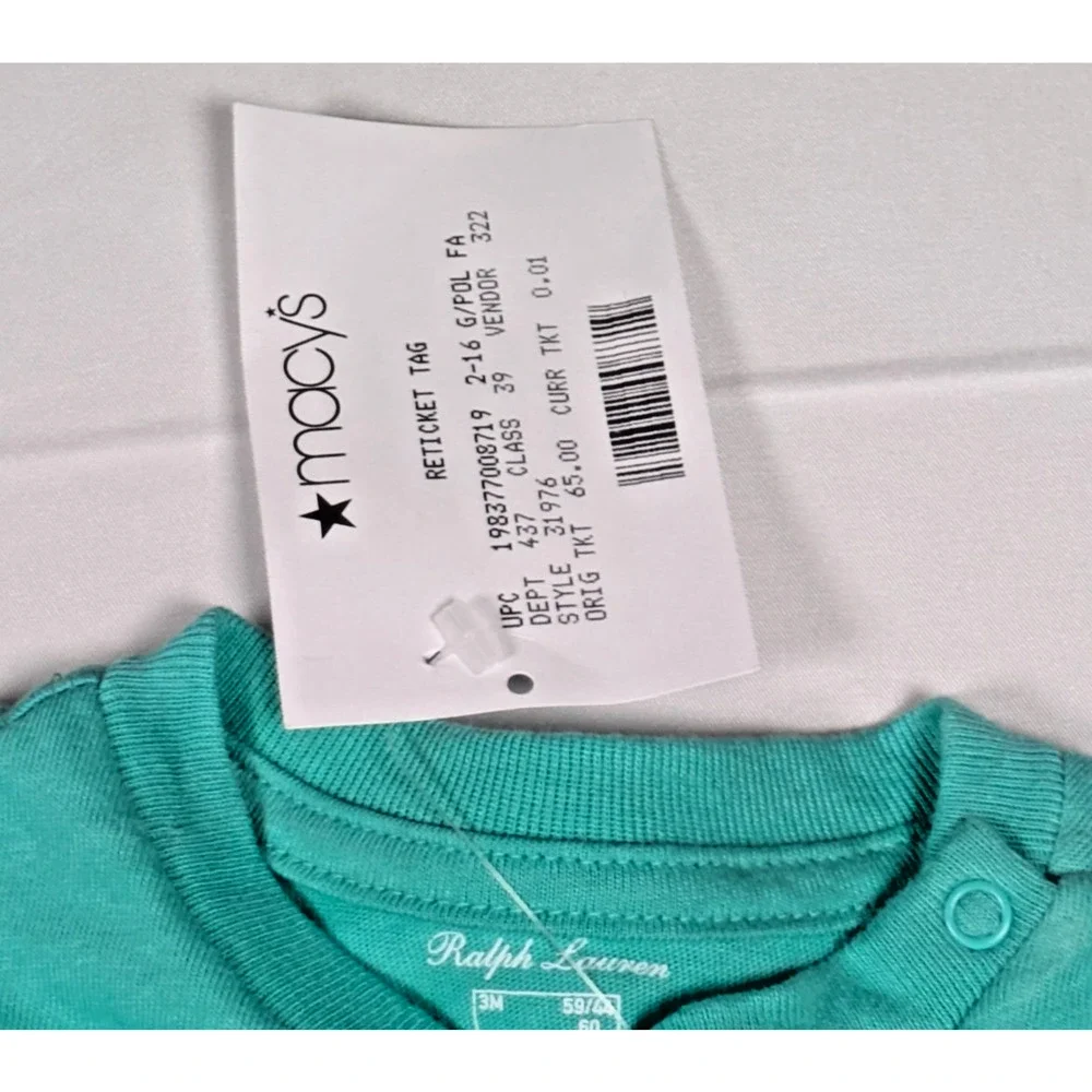 Ralph Lauren Baby Boy Girl Teal Green Cotton T-Shirt NWOT 3 Months Purple Pony
